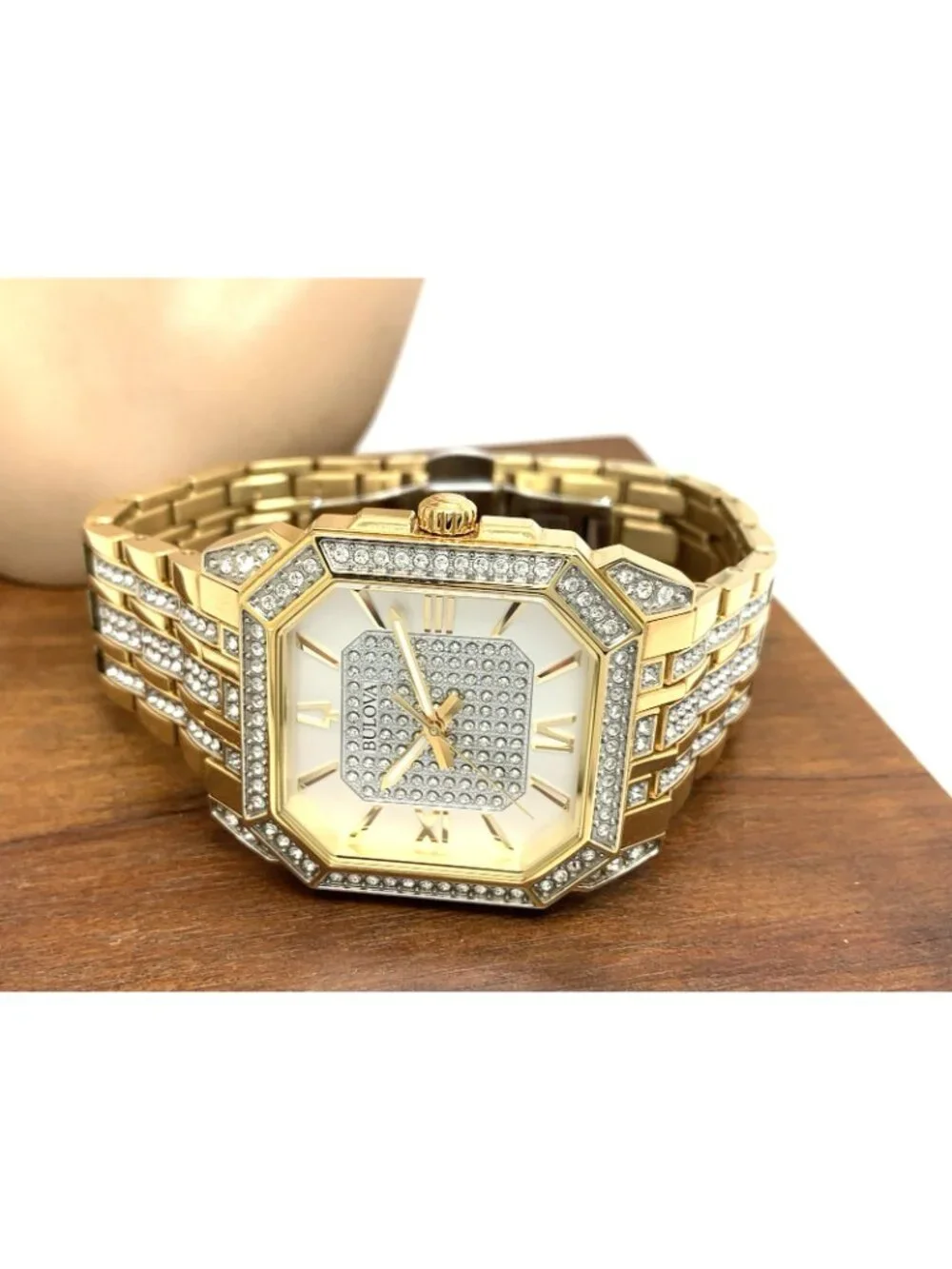 Bulova Men's Watch 98A295 Octava Quartz Crystal Pave Gold Stainless Steel 40mm